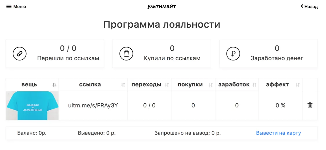 Loyalty program page, allowing people to earn percents for garments they created and shared over the Internet, showing links, clicks and conversion